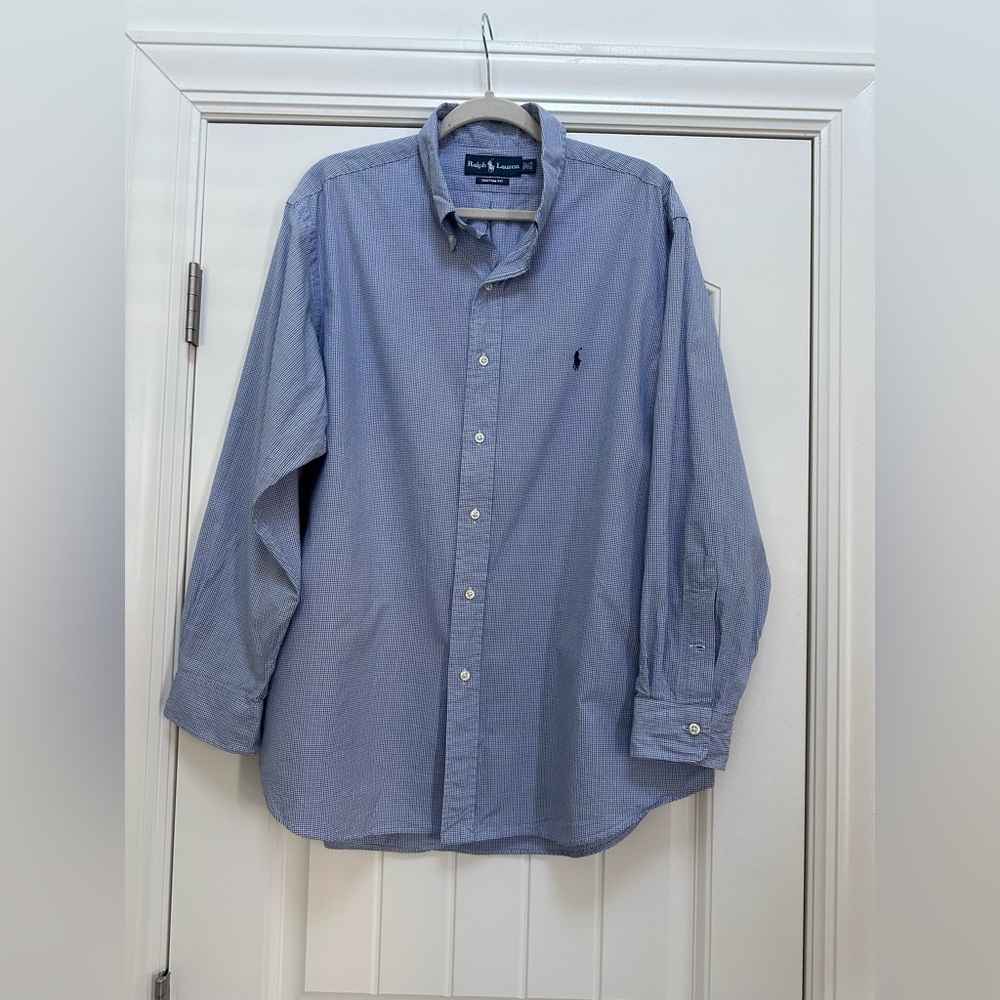 Men’s Ralph Lauren Classic Fit Blue Check Long sleeve Shirt, Size 17.5 / 32,33